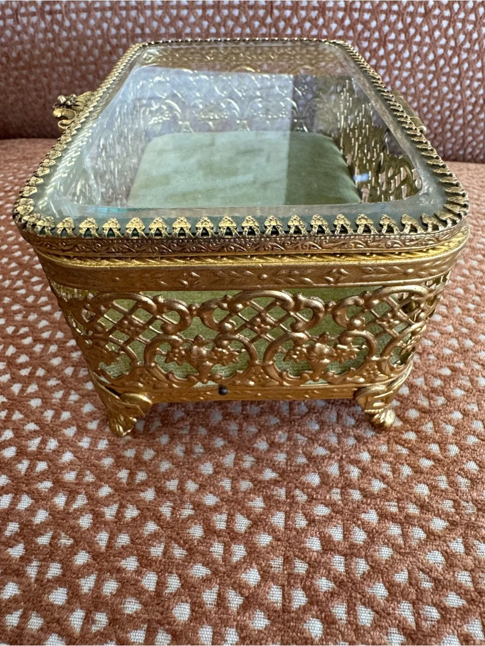 1960s Matson 24k Gold Plated Ornate Ormolu Filigree Footed Jewelry Box
